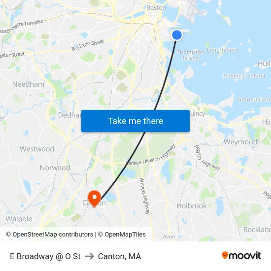 E Broadway @ O St to Canton, MA map