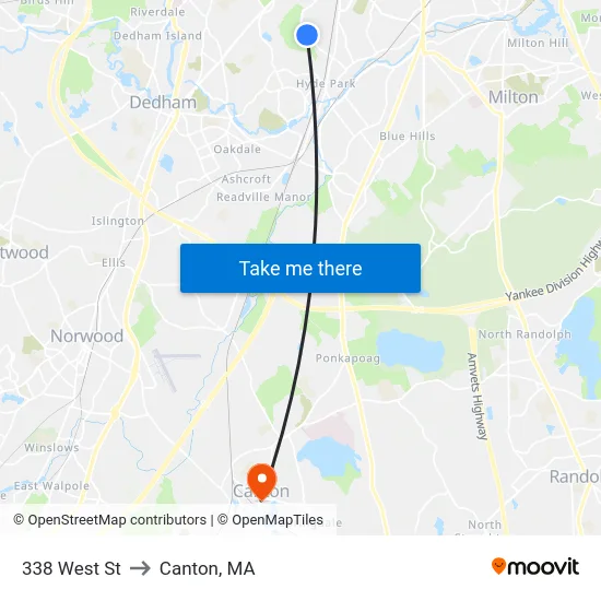338 West St to Canton, MA map