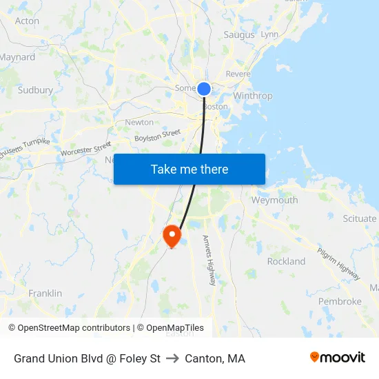 Grand Union Blvd @ Foley St to Canton, MA map