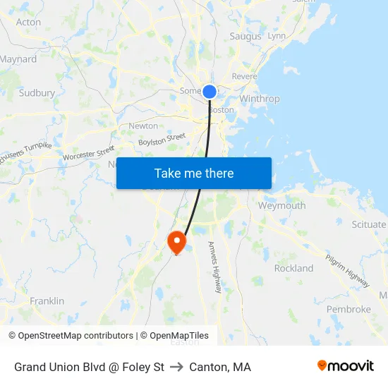 Grand Union Blvd @ Foley St to Canton, MA map