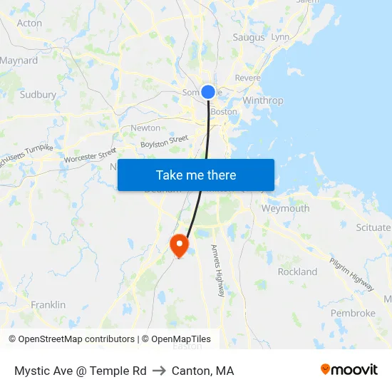 Mystic Ave @ Temple Rd to Canton, MA map