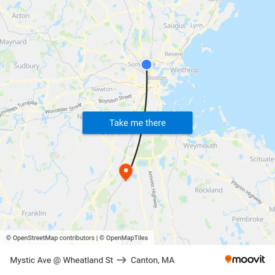 Mystic Ave @ Wheatland St to Canton, MA map