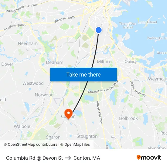 Columbia Rd @ Devon St to Canton, MA map
