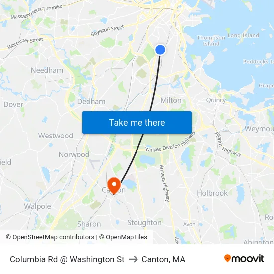 Columbia Rd @ Washington St to Canton, MA map
