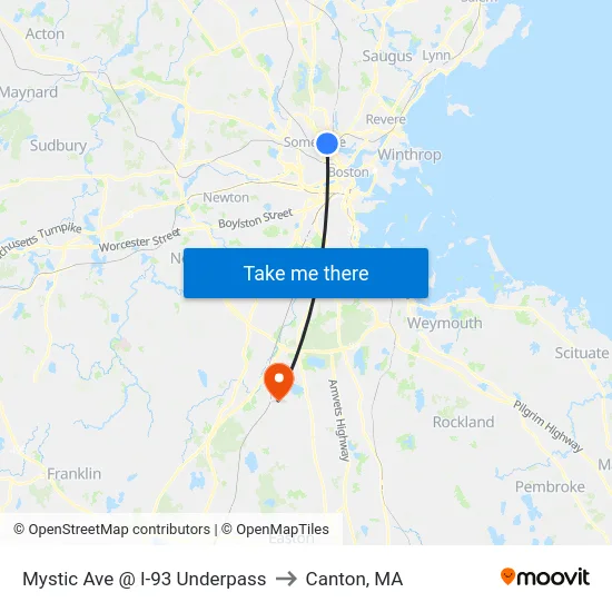 Mystic Ave @ I-93 Underpass to Canton, MA map