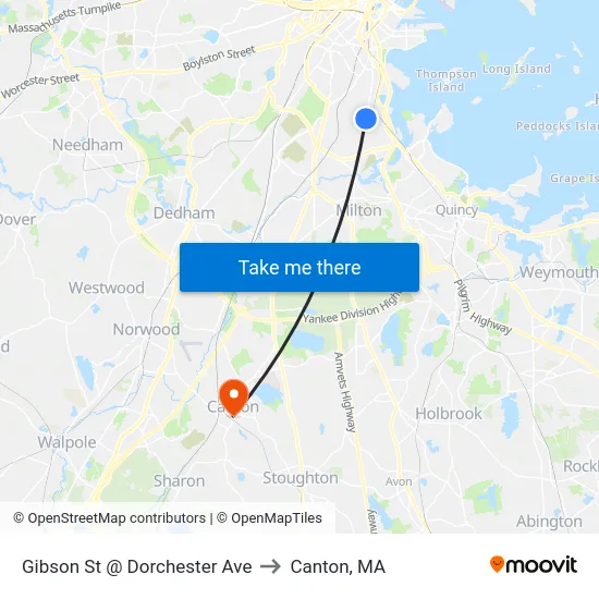 Gibson St @ Dorchester Ave to Canton, MA map