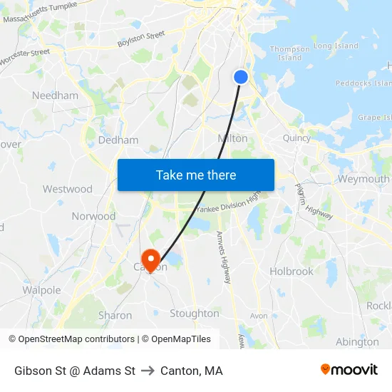 Gibson St @ Adams St to Canton, MA map
