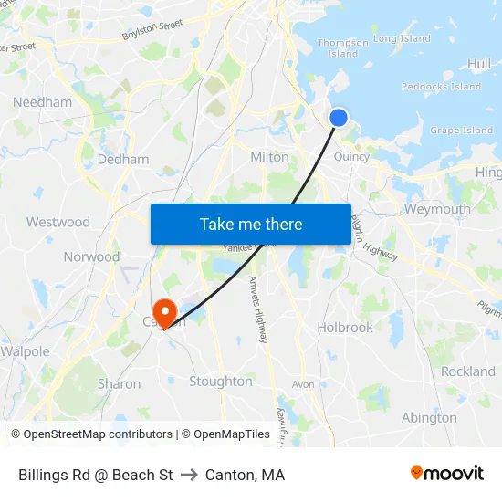 Billings Rd @ Beach St to Canton, MA map