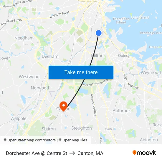 Dorchester Ave @ Centre St to Canton, MA map