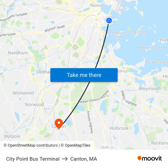 City Point Bus Terminal to Canton, MA map