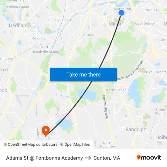 Adams St @ Fontbonne Academy to Canton, MA map