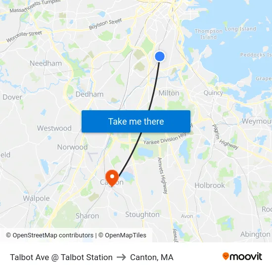 Talbot Ave @ Talbot Station to Canton, MA map