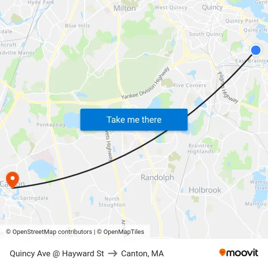 Quincy Ave @ Hayward St to Canton, MA map