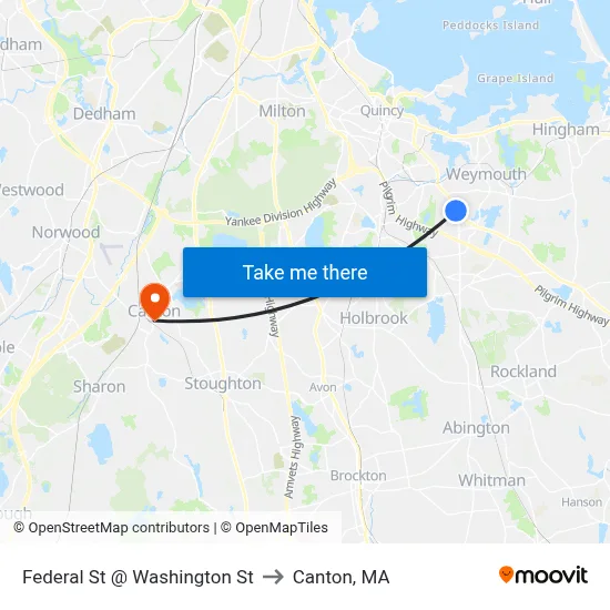 Federal St @ Washington St to Canton, MA map