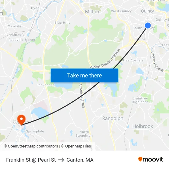 Franklin St @ Pearl St to Canton, MA map