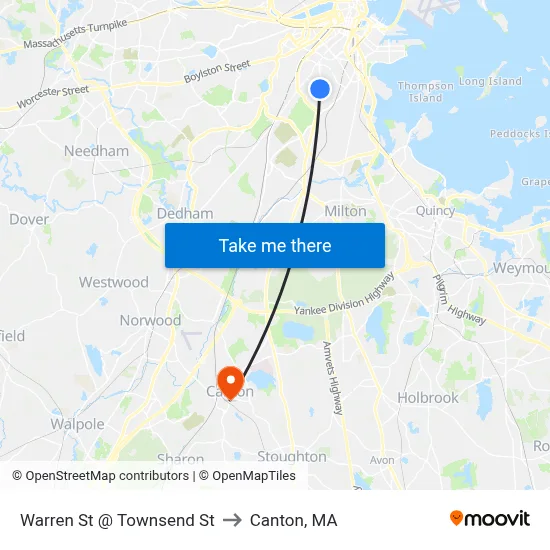 Warren St @ Townsend St to Canton, MA map