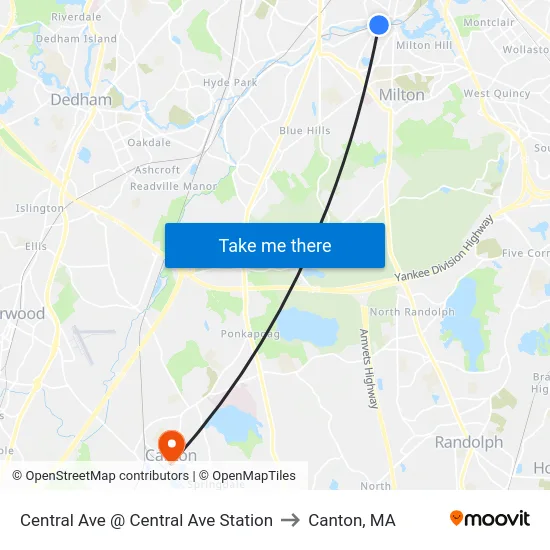 Central Ave @ Central Ave Station to Canton, MA map