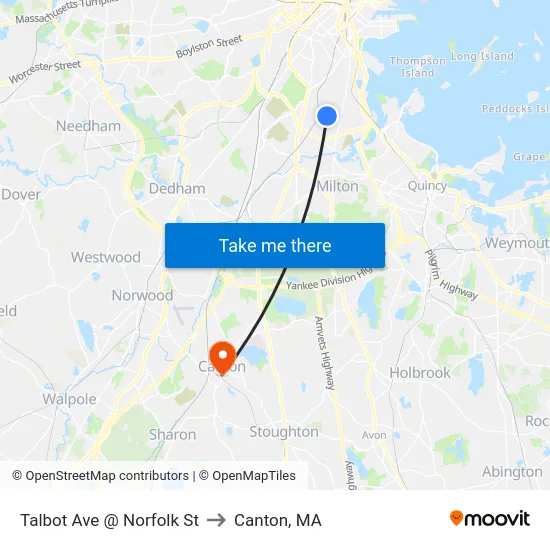 Talbot Ave @ Norfolk St to Canton, MA map