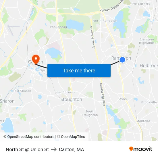 North St @ Union St to Canton, MA map