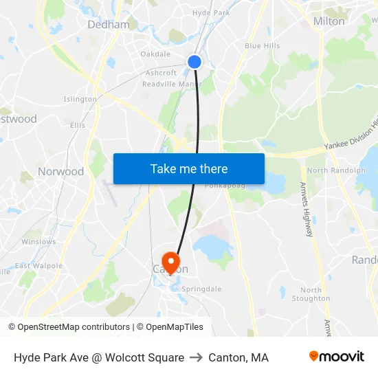 Hyde Park Ave @ Wolcott Square to Canton, MA map