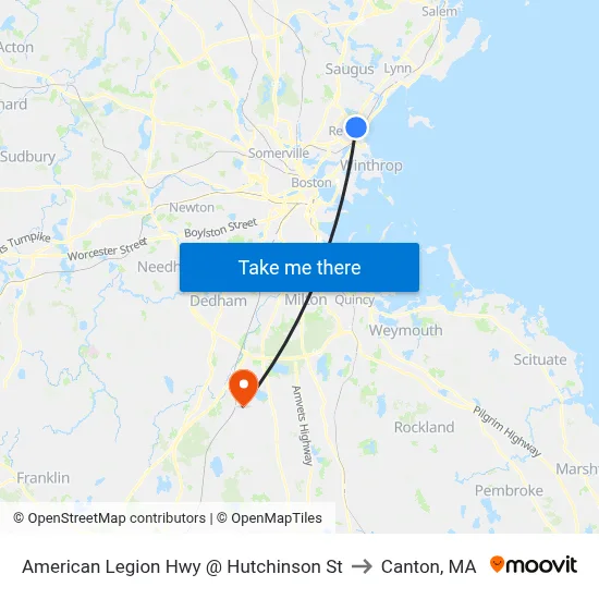 American Legion Hwy @ Hutchinson St to Canton, MA map