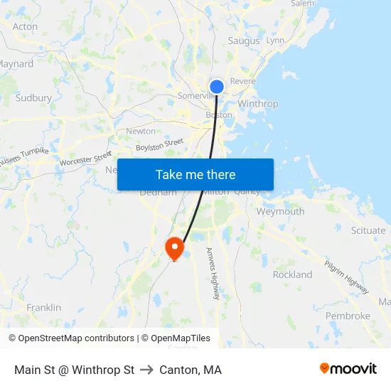 Main St @ Winthrop St to Canton, MA map