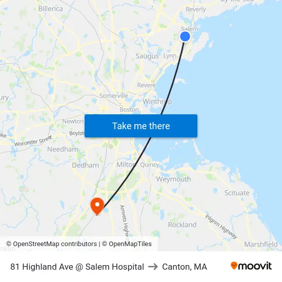 81 Highland Ave @ Salem Hospital to Canton, MA map