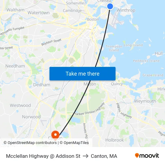 Mcclellan Highway @ Addison St to Canton, MA map