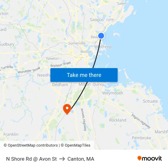 N Shore Rd @ Avon St to Canton, MA map