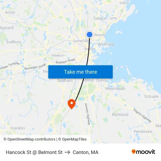 Hancock St @ Belmont St to Canton, MA map