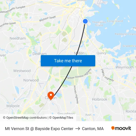 Mt Vernon St @ Bayside Expo Center to Canton, MA map