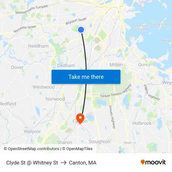Clyde St @ Whitney St to Canton, MA map