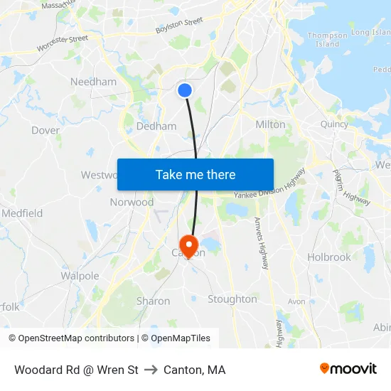 Woodard Rd @ Wren St to Canton, MA map
