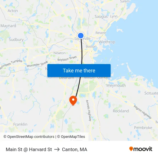 Main St @ Harvard St to Canton, MA map