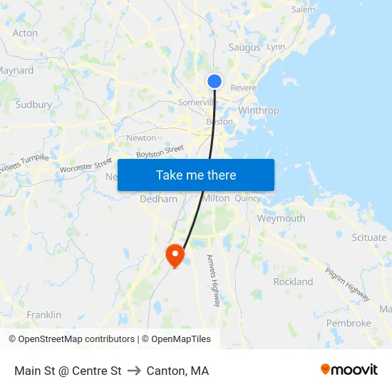 Main St @ Centre St to Canton, MA map