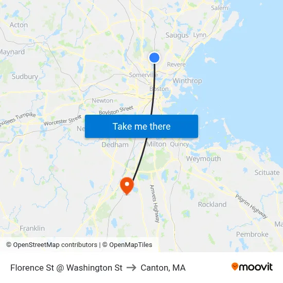 Florence St @ Washington St to Canton, MA map