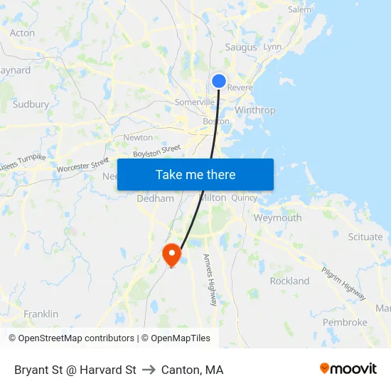 Bryant St @ Harvard St to Canton, MA map