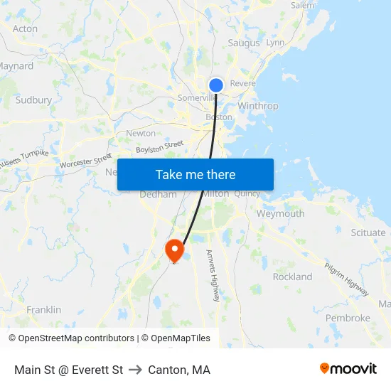 Main St @ Everett St to Canton, MA map