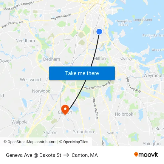 Geneva Ave @ Dakota St to Canton, MA map