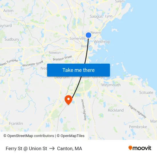 Ferry St @ Union St to Canton, MA map