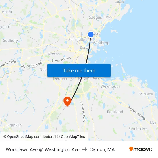 Woodlawn Ave @ Washington Ave to Canton, MA map