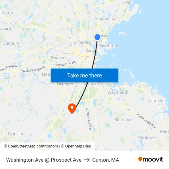 Washington Ave @ Prospect Ave to Canton, MA map