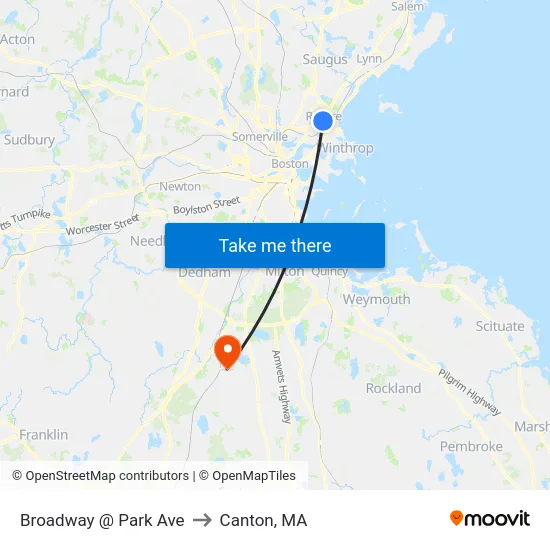 Broadway @ Park Ave to Canton, MA map