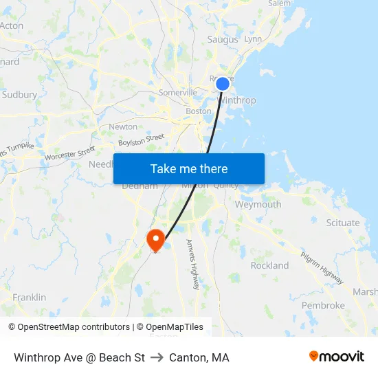 Winthrop Ave @ Beach St to Canton, MA map