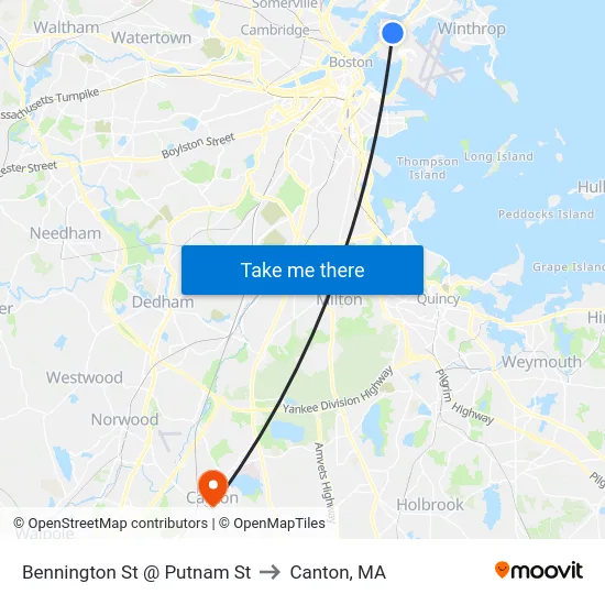 Bennington St @ Putnam St to Canton, MA map