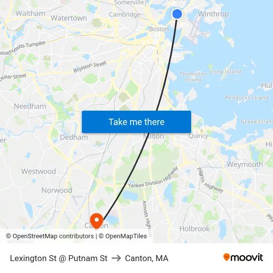 Lexington St @ Putnam St to Canton, MA map