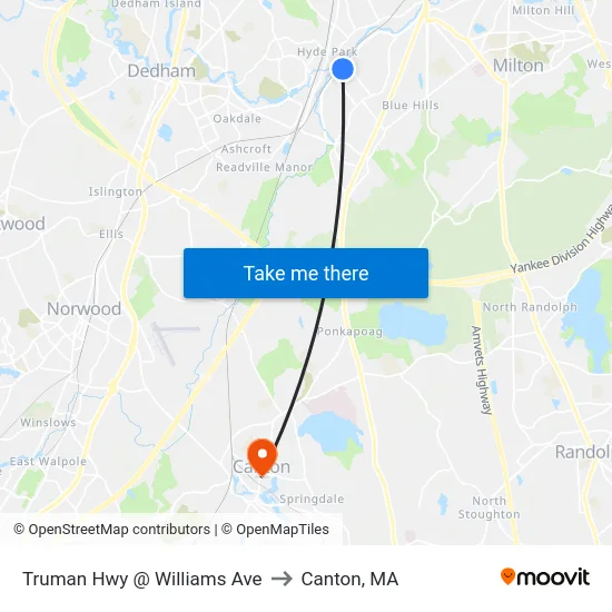 Truman Hwy @ Williams Ave to Canton, MA map
