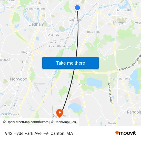942 Hyde Park Ave to Canton, MA map