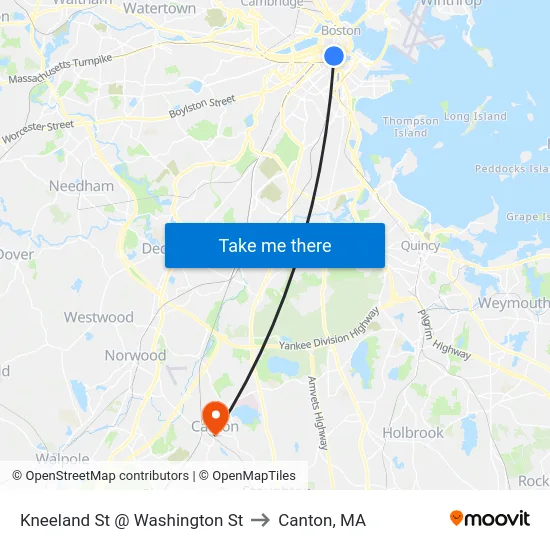 Kneeland St @ Washington St to Canton, MA map