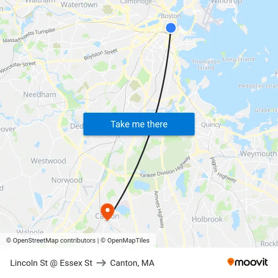 Lincoln St @ Essex St to Canton, MA map